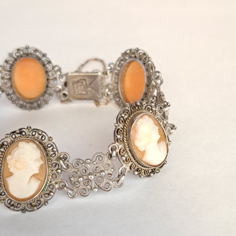 Antique Cameo Panel Silver Bracelet Filigree Italy 800 Marked Gold Chain Links - Picture 4 of 11